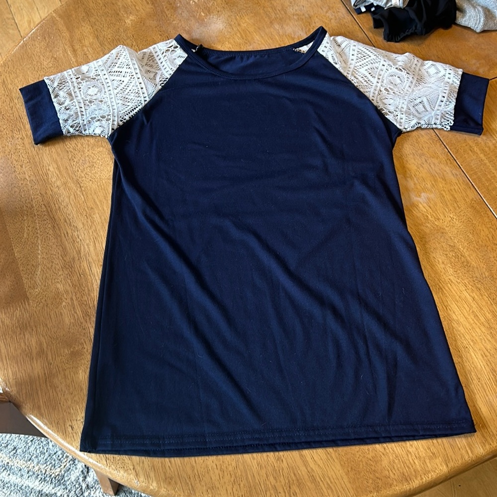 Navy blue top with lace sleeves